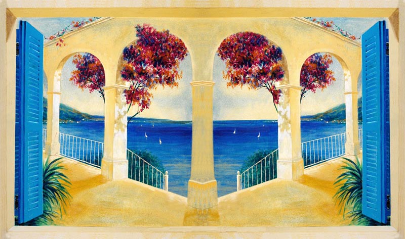 Affresco su intonachino che mostra un Trompe l'oeil PT 100814 - tema Profumo Mediterraneo